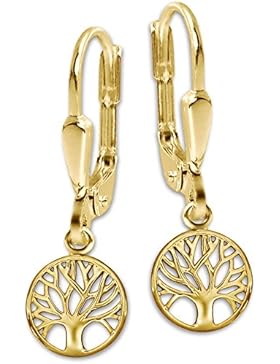 CLEVER SCHMUCK Goldene Ohrhänger 26 mm Lebensbaum rund Ø 10 mm glänzend 333 GOLD 8 KARAT im Etui
