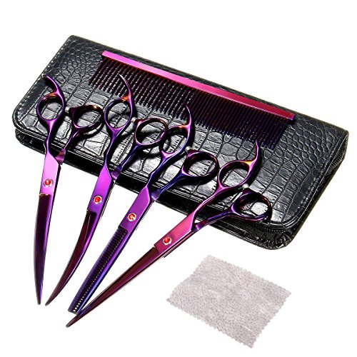 Pet-Grooming-Scissors-Kit-Focuspet-5-PCS-Cutting-Thinning-Curved-Scissors-Comb-with-Pouch-Purple