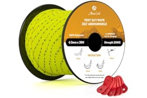 Abma Cord Tent Guy Ropes 3mm 30M Guy Line 6 Pcs Guy Rope Tensioners Heavy Duty Guide Rope for Camping, Gazebos, Awning, Tarp - Reflective Neon Yellow