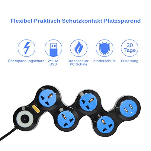 Preisvergleich Produktbild Steckdosenleiste 4-Fach Steckdosen faltbar mit Überspannungsschutz Schutzkontakt (mit Schalter und 1.8m Kabel) Universal Mehrfachsteckdose mit 2 USB-Anschlüssen 2500W / 10A Platzsparend Praktisch