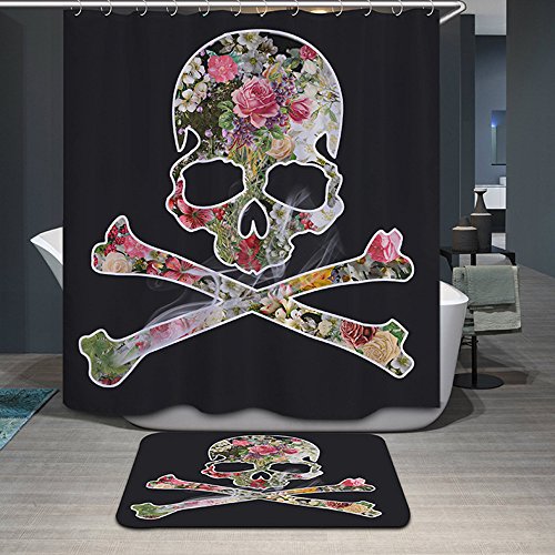 2 Print Kreuz Knochen Blume Pirat Skull Totenkopf Vorhang für die Dusche & Teppich Teppich Stoff Badezimmer Wasserdicht Decor