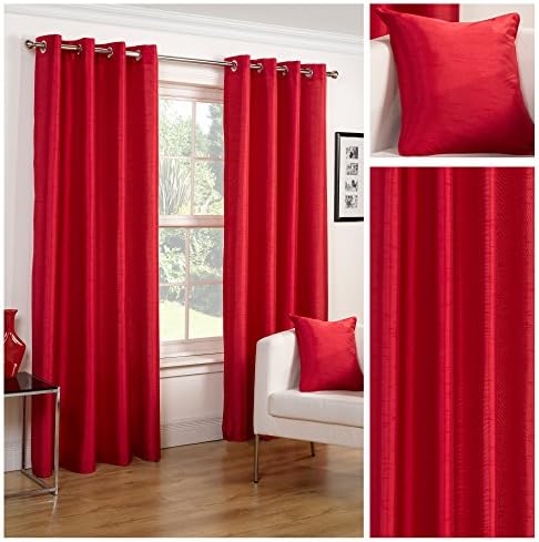 Faux Silk Slubbed Red Eyelet Fully Lined Readymade Curtain Pair 65x54in(165x137cm) Approximately By Hamilton McBride