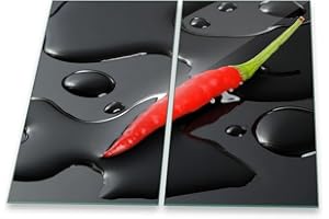 DECORWELT Herdabdeckplatte Abdeckung Ceranfeld Abdeckplatte Schneidebrett 2-Teilig 60x52 Chili Rot Spritzschutz Glasplatte Ceranfeldabdeckung Schutz Herdschutz Sicherheitsglas Glasschneidebrett 2x30x52