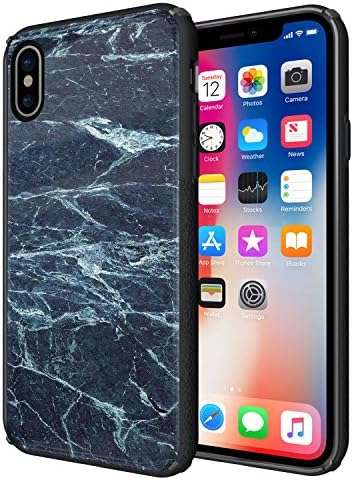 iPhone X Case, iPhone 10 Case, Marble Pattern Shockproof Protective Case Cover - Heavy Duty - Anti-Scratch -Glass Back Cover/Protector for iPhone 10 (2017)-Black and Blue