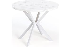WFL GROUP Runder Ausziehbarer Esstisch für 6-8 Personen - Loft Style Tisch mit Weiße Metallbeinen - 100 bis 180 cm - Industrieller Quadratischer Tisch für Wohnzimmer - Spacesaver - Weißer Marmor - 100 cm