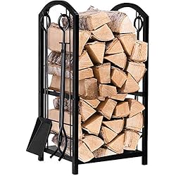 Amagabeli Porte bûches de cheminée avec 4 outils 74 x 40 x 30cm Ensemble d'outils de Cheminée Grande Capacité Range-bûches Support de bois de Chauffage pour Intérieur Extérieur Rack de Stockage Outils
