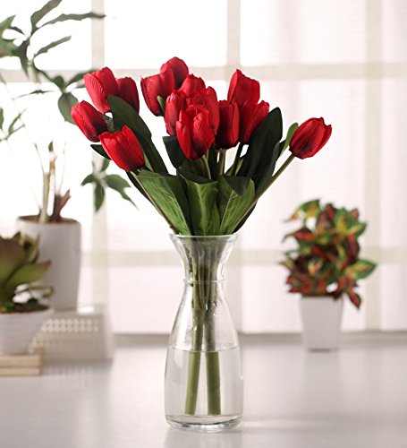 Fourwalls Beautiful Artificial Polyester and Plastic Tulip Flower Bunch (9 Head Flower, 38 cm Total Height, Red, Set of 2)