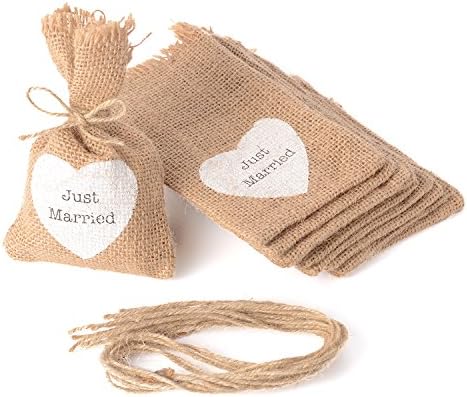 Advantez 10-Pack 3"x 5" Jute Burlap Bags with Natural Jute Drawstring for Home Wedding Christmas Festival Event Table Decoration(Just Married)
