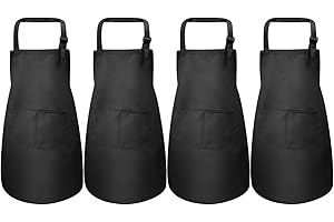 DISINO 4 Piezas Negro Delantales para Niños, Infantil Delantal con 2 Bolsillos para Niños Niñas, Ajustable Niñito Delantales de Cocina Chef Cocinero para Cocinar Hornear Pintura Artesanía (7-13 Años)