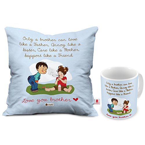 Indigifts Bro Like Father Quote Printed Blue Coffee Mug and Cushion Cover 12X12 with Filler