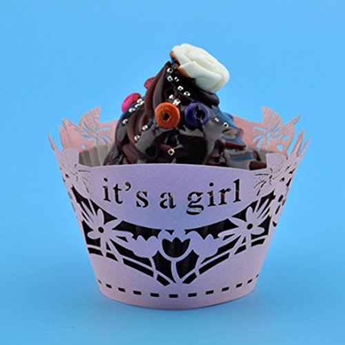 Pearly Papier IT ‚S A GIRL Design Vine Spitze Cup Cake Wrappers Tisch Deco Rosa, Pink, 12pcs - 4