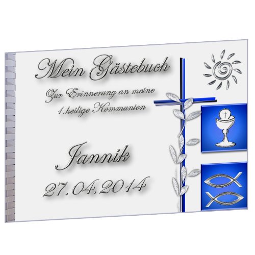 Buch Gästebuch personalisiert zur Taufe Kommunion Konfirmation gearbeitet wie Taufkerze Kommunionkerze FISCH KELCH blau silber ITP162