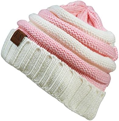 Chunky Knit Casual Beanie Unisex Trendy Warm Chunky Soft Warm Winter Hat, white / pink, Large