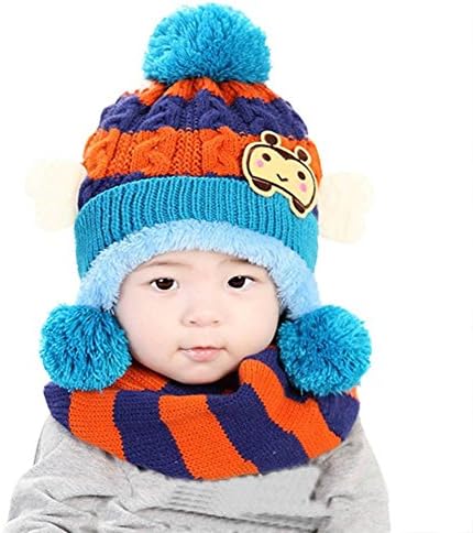 Baby Hats, Dorame Newborn Baby Girls Boys Winter Hat Woolen Hood Scarf 2PC Set (Free size, Blue)