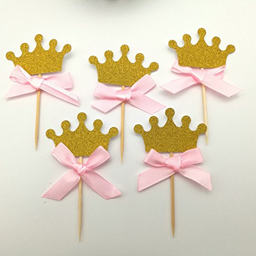 dooxoo handgefertigt Glitzer Krone Cupcake Topper Geburtstag Party Kuchen Topper Geburtstag Kuchen Dekorationen - Gold Pink Bow