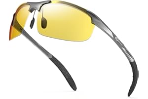 Bloomoak Night Driving Glasses Anti Glare for Men, Ultra Light Al-Mg Alloy Semi-Rimless Spring Hinge for Big Head,Polarized Night Vision Glasses for Driving Fishing