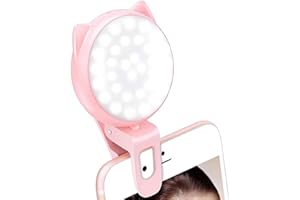JISULIFE Selfie Licht Clip on Ring Licht, Mini-wiederaufladbares 9-stufig einstellbares Helligkeitslicht mit 32 LEDs, 2–8 Stunden, USB-Blitzbeleuchtung für iPhone/Android-Handy-Fotografie – Pink