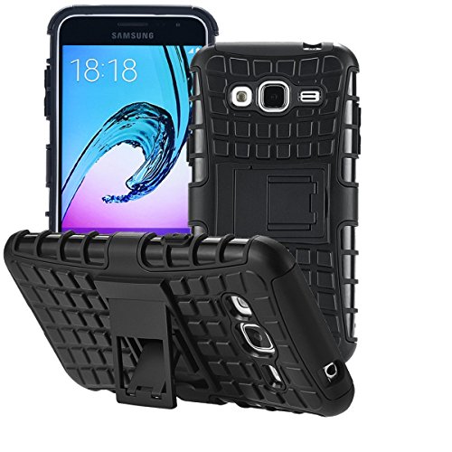 Funda para Samsung Galaxy J3 (2016) Duos - Caso antichoque tapa de parachoques [Tpu+PC] híbrido con el soporte, negro