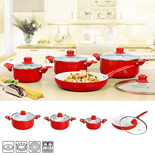 TecTake® 8 teiliges Keramik Kochtopf Set mit Glasdeckel rot - 2