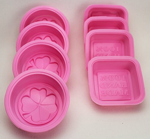 Unitedcovers Set aus 4 runden Kleeblatt Silikonformen in rosa und 4 quadratischen Seifengiessformen mit der Aufschrift " 100% HANDMADE " - Versand aus Deutschland