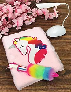 Le Delite Unicorn Fur Diary , Soft Furry Notebook Girls, Diary Kids , Notebook Stylish Diary Pen , Feather Diary Girls Kids, Pencil Box Pouch Eraser Pencil School case Stationery (Diary Combo 3)