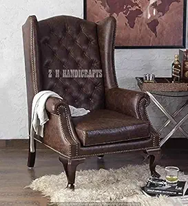 Z H Handicrafts Brown leatherete Wing Chair for Living Chair/Brown Leather high Back Armchair/Ideal for Home