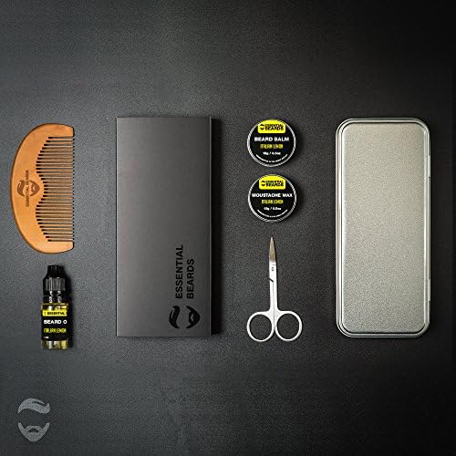 Essential Beards Grooming Gift Set in Aluminum Tin, 8pc Grooming Kit for Men, includes Oil, Balm, Wax, Comb, and Scissors (italian lemon)