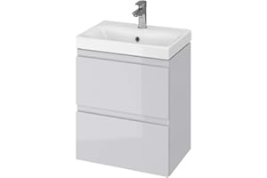 ‎VBCHOME VBChome Badmöbel 50 x 35 cm Set GRAU Hochglanz Slim Waschbecken mit Unterschrank Waschtisch 2-Schubladen Badschrank Holz Waschbeckenunterschrank Badezimmerschrank Badschrank