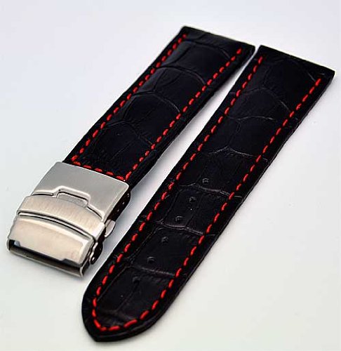 Uhrenarmband mit Faltschliee 22mm schwarz mit roter Naht 3941 Uhrenarmband mit Faltschliee 22mm schwarz mit roter Naht 3941