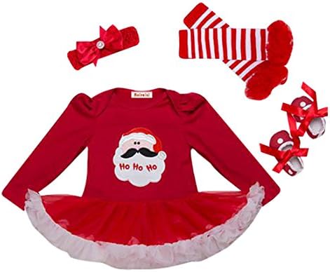 Baby Girls' Christmas Romper Outfits Long Sleeve Tutu Bodysuit+Headband+Shoes+Sock 4pcs Various Styles,0-3 Months