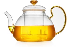MESNEY Glass Tea Pot with Infuser and Lid – Heat-Resistant Borosilicate Glass Teapot, Tea Kettle for Gas Stovetop – 46oz Capacity, Ideal for Blooming and Loose Leaf Tea