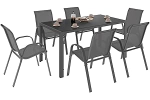 IDMarket - Salon de Jardin Madrid Table 150 CM et 6 chaises empilables Gris Anthracite