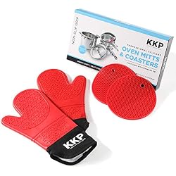 Kool Kitchen Pros Gants Cuisine Silicone - Paire de Gants pour la Cuisson au Four avec 2 Dessous de Plat - Maniques Cuisine, Porte-Ustensiles et Set Barbecue Résistant à la Chaleur - Rouge