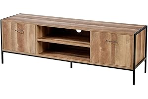 Home Source TV Unit Media Stand Cabinet, 2 Cupboards and Shelf Storage, Weathered Oak Effect Finish