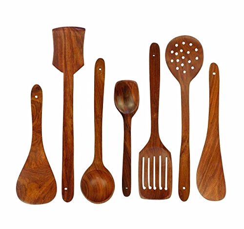 EtsiBitsi Wooden Spoon Set of 7 | 2 Frying, 1 Serving, 1 Spatula, 1 Chapati Spoon, 1 Desert, 1 Rice,