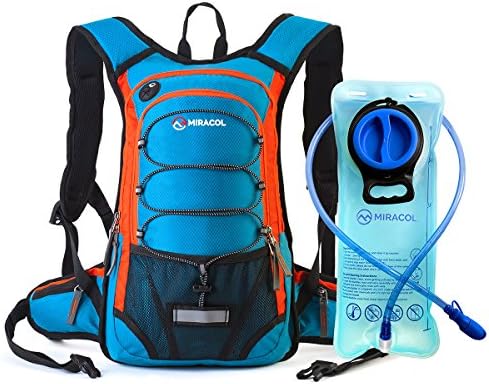 Miracol Hydration Backpack with 2L Water Bladder - Thermal Insulation Pack and Flow Tube Keeps Liquid Cool up to 4 Hours – Multiple Storage Compartment – Best for Hiking, Runing, Cycling, Skiing (Blue + Orange)
