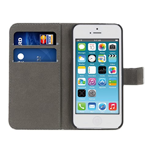 kwmobile Funda para Apple iPhone SE   5   5S - Wallet Case plegable de cuero sint  tico - Cover con tapa tarjetero y soporte Dise  o atrapasue  os desdibujado en multicolor azul blanco