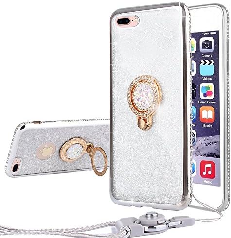 iPhone 8 Plus Case, SENCEE Cute Glitter Phone Case with Lanyard &amp; Stand, Bling Diamond Rhinestone Bumper with Ring Kickstand Soft Protective Sparkly for Girl Women Cover Case for iPhone 8 Plus (Silver)