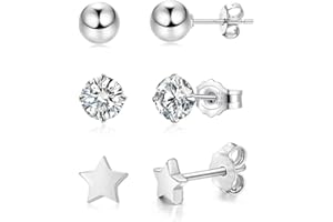 Deyanse Silver Stud Earrings for Women, 3 Pairs 925 Sterling Silver Studs Earrings Set, Hypoallergenic Star Round Ball Studs Earrings with Zirconia, 4mm Small Sleeper Cartilage Earrings with Gift Box