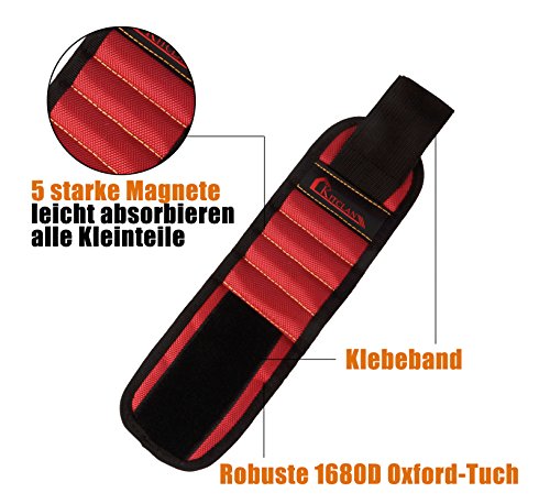 Magnetisches Armband, Kitclan Magnetarmband mit 5 starken Magneten, verstellbares Klettband zum Halten von Werkzeugen, Schrauben, Nägel, Schrauben, Bohren Bits und Kleinwerkzeuge usw. (1 Stück, Rot) - 2