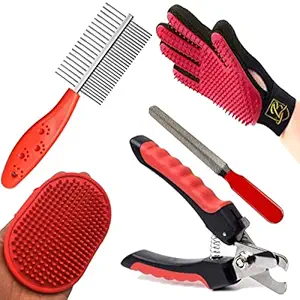 BLACK LABEL Dog Grooming Kit - Dog Nail Cutter with Filer + Pet Bath Brush Comb with Adjustable Ring + Pet Double Steel Comb + Pet Glove for Dog, Puppy, Cat and Kitten - 4 in 1 Dog Combo