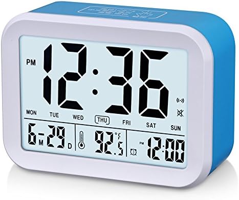 Famicozy Talking Alarm Clock with Smart Light and Snooze,7 Sounds to Choose,3 Alarms for 5/6/7 Days,Week Date Temperature,12/24hr Battery Operated Clock,Blue