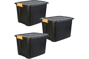 DANIEL JAMES Housewares Heavy Duty Storage Box with Lid - Large Plastic Stackable Storage Boxes with Clip Handles - Lockable BPA Free Indoor Outdoor Garage Storage Trunk Box - 3 Pack, Black, 42l