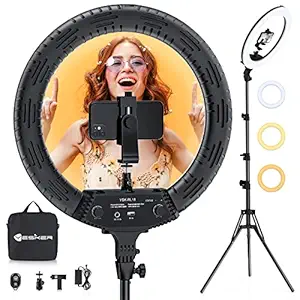 Yesker YouTube LED Kit Colour Temperature 3200K to 5500K Makeup Ring Light with Tripod Stand with Phone Holder Remote Carry Bag Camera Smartphone Video Shooting Selfie Portrait (18 Inch)