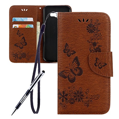 Galaxy A5 2017 Hülle,Samsung Galaxy A5 2017 Blumen Case,JAWSEU Retro Prägung Schmetterling Blumen Muster Kunstleder PU Leder Strap Brieftasche Bookstyle Magnetverschluss Schutzhülle Handytasche Case Cover Etui mit [Ständerfunktion] und [Kartenfächer]für Samsung Galaxy A5 2017+1xSchwarz Glitzer Bling Eingabestift-Braun Schmetterling