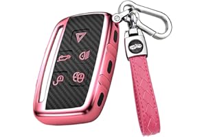 HIBEYO Funda de Carbono TPU para Llave de Coche Land Rover Sport Evoque Velar Discovery LR4 Jaguar XF XJ XE F-Pace Keyless 5 Botones Color Rosa