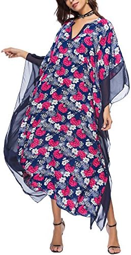 JYOSHANG Women's Floral Kaftan Tunic Dress V-Neck Loose Beach Maxi Dresses Cover up