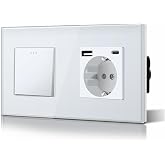BSEED Crossover Switch 1 Gang 3 Way with USB/Type C Plug, Glass Frame, 10A Wall Switches with Phosphorescent Point, Horizonta