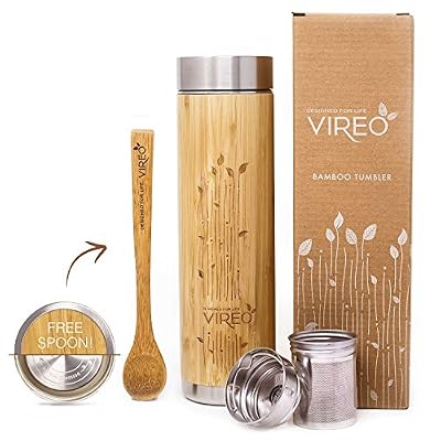 Vireo Bloom Bouteille Isotherme Infusion pour Café et Thé de Voyage - 500ml Vireo Tasse en Bambou Isotherme en Acier Inoxydable | Goulot Large | Étanche | Pichet Portable | Bouteille Infuser Thermique d'Eau éco