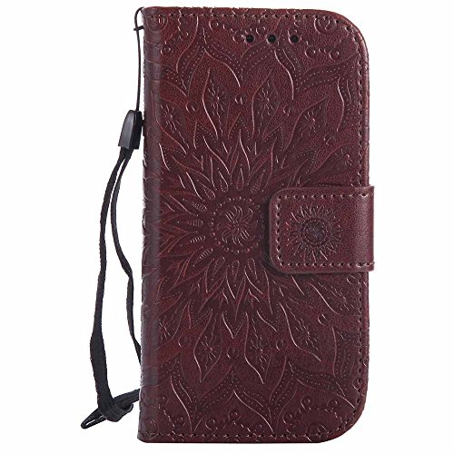 Galaxy S4 Mini Hülle, Dfly Premium Slim PU Leder Mandala Blume prägung Muster Flip Hülle Bookstyle Stand Slot Schutzhülle Tasche Wallet Case für Samsung Galaxy S4 Mini i9190, Braun - 2